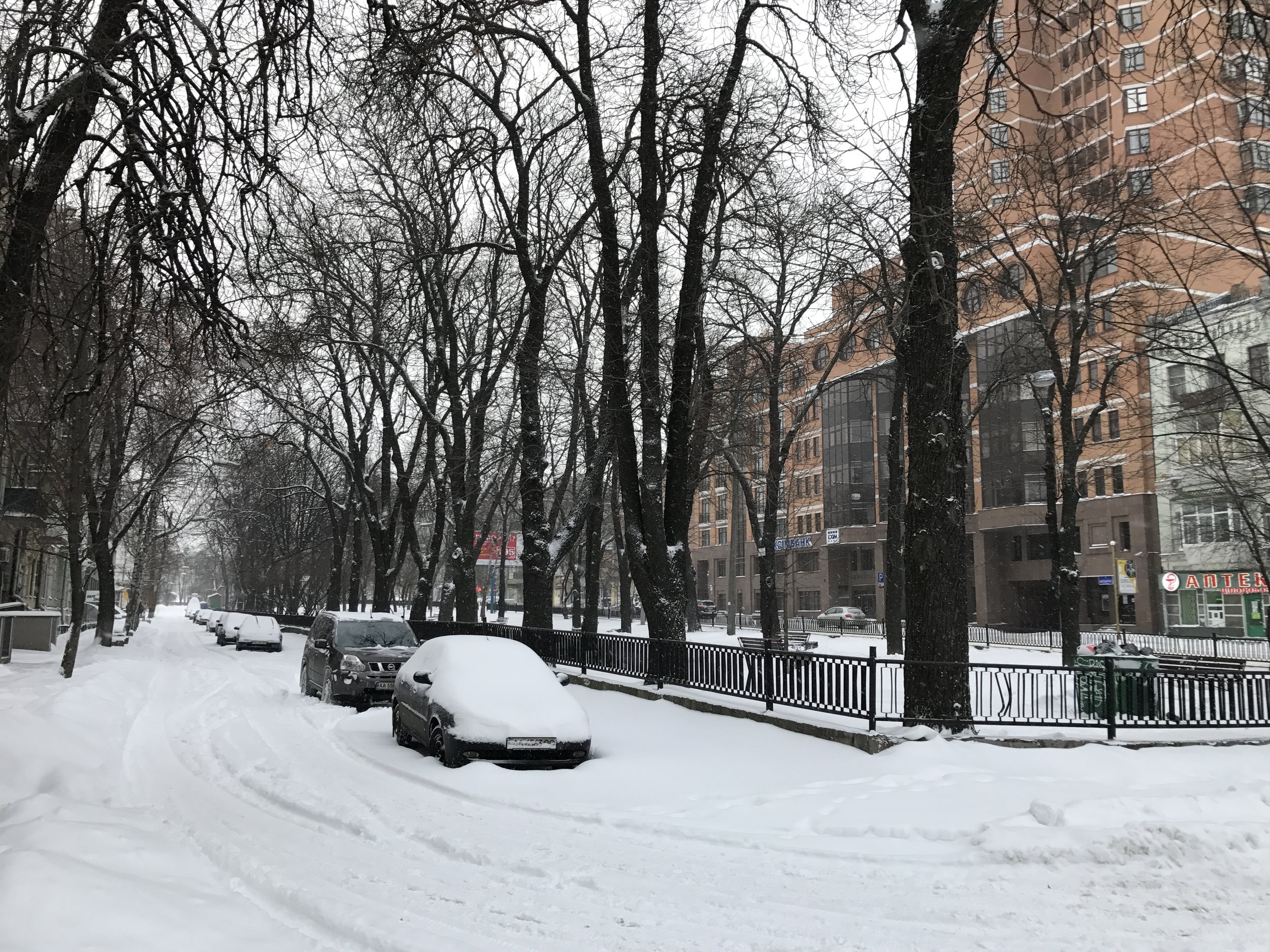 Snowy street in Kyiv, Ukraine