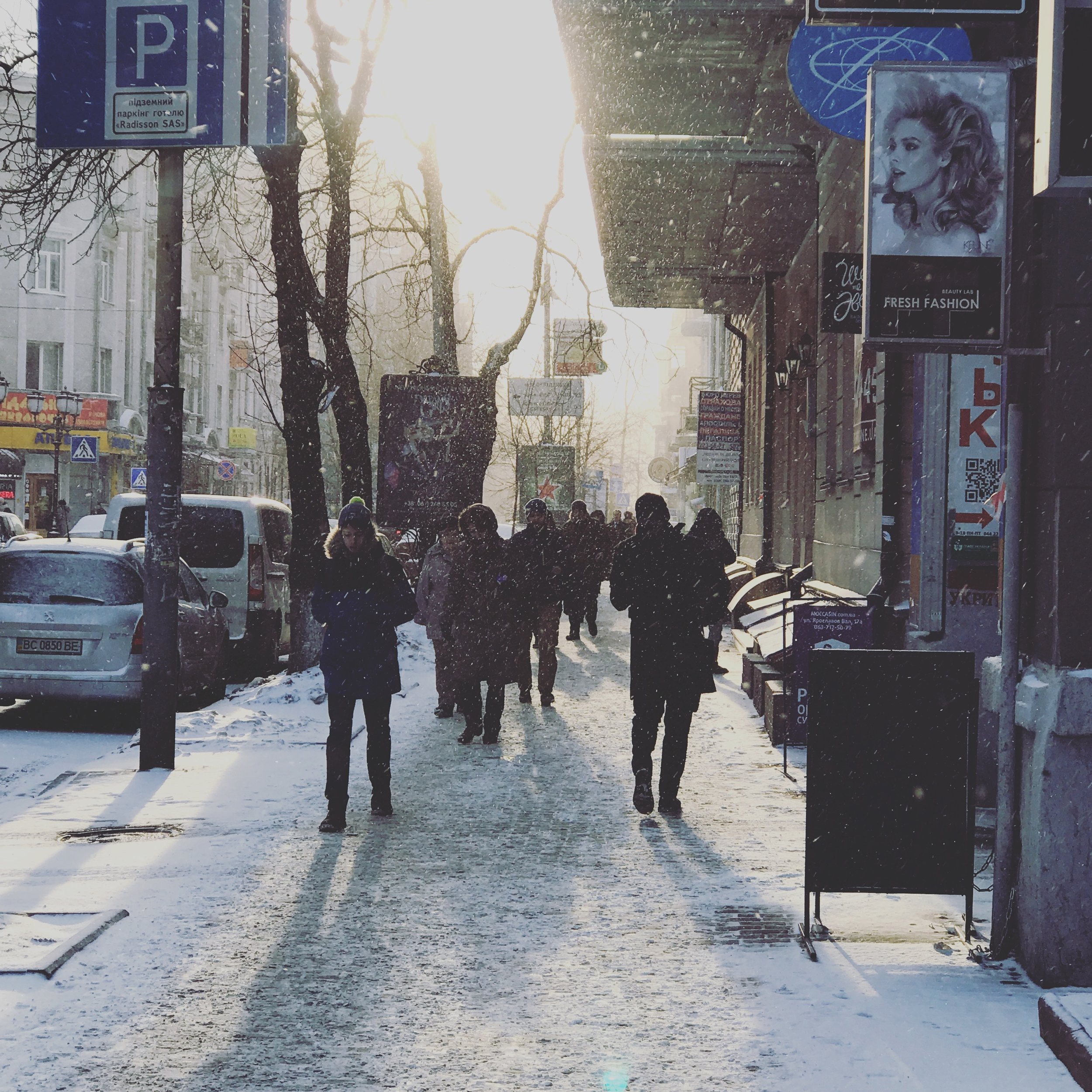 Snowy street in Kyiv, Ukraine