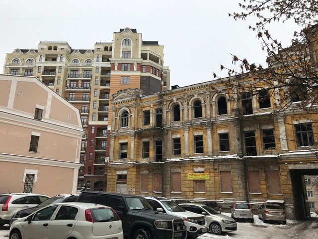 Run-down buildings next to new ones in Kyiv, Ukraine