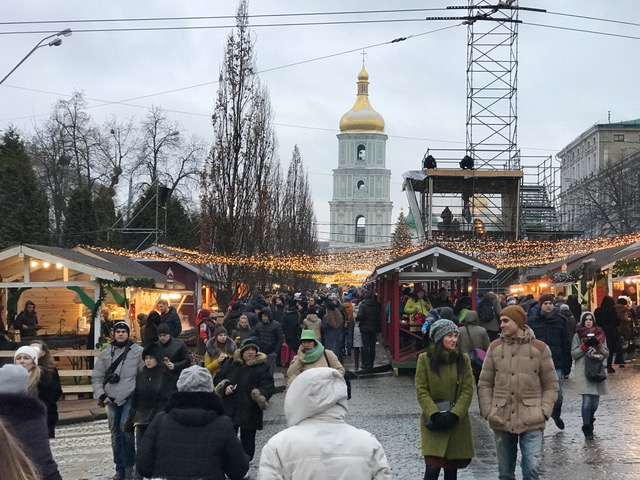 Crowded street in Kyiv, Ukraine