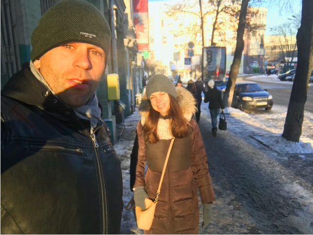 Morning meeting. Peter Santenello and young woman in Kyiv, Ukraine